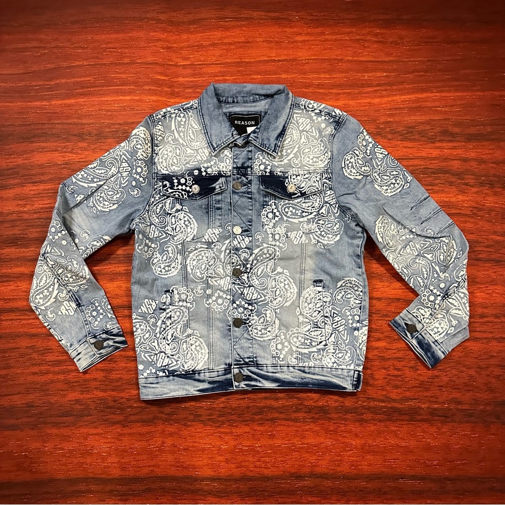 Brand NWT Reason All-over Paisley Print Denim Jacket